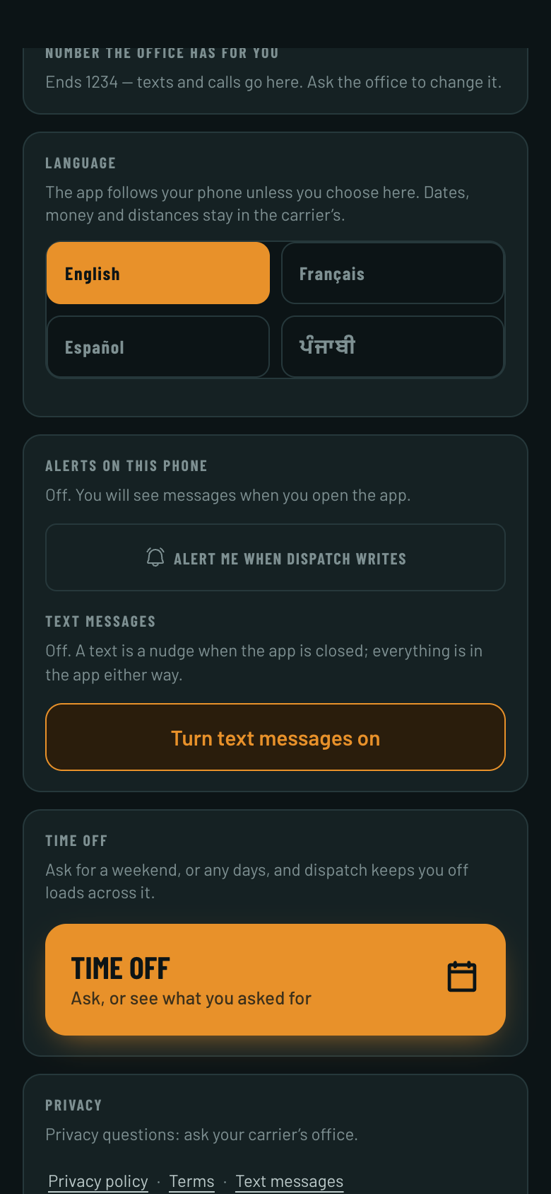 The driver app on a phone, on the Account screen, scrolled to the Text messages panel. Under that heading it reads: Off. A text is a nudge when the app is closed; everything is in the app either way. Below that is a single outlined button, Turn text messages on. Nothing on the panel is ticked and there is no switch.